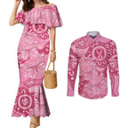 Australia Indigenous Couples Matching Mermaid Dress and Long Sleeve Button Shirt Breast Cancer Pink Aboriginal Butterfly