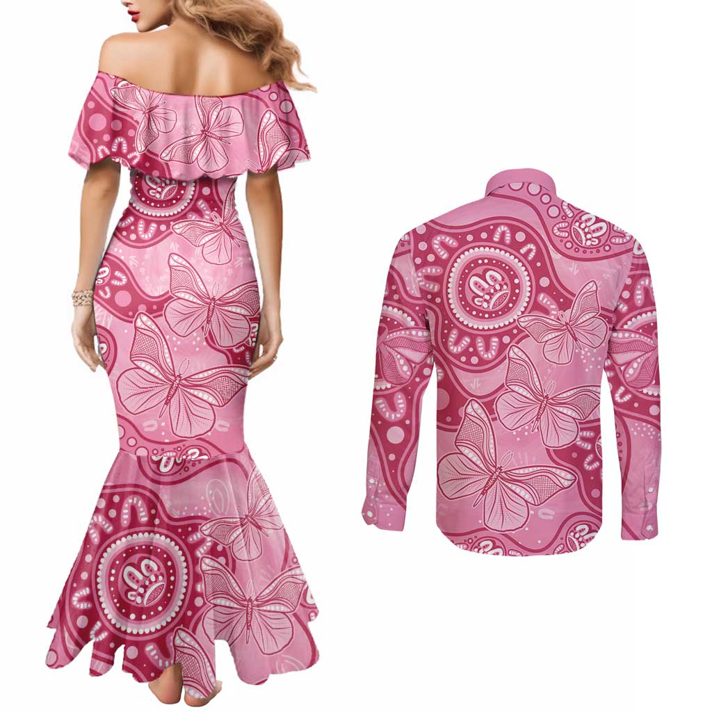 Australia Indigenous Couples Matching Mermaid Dress and Long Sleeve Button Shirt Breast Cancer Pink Aboriginal Butterfly