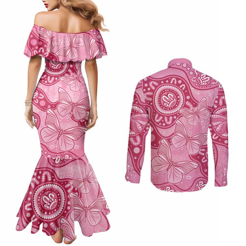 Australia Indigenous Couples Matching Mermaid Dress and Long Sleeve Button Shirt Breast Cancer Pink Aboriginal Butterfly