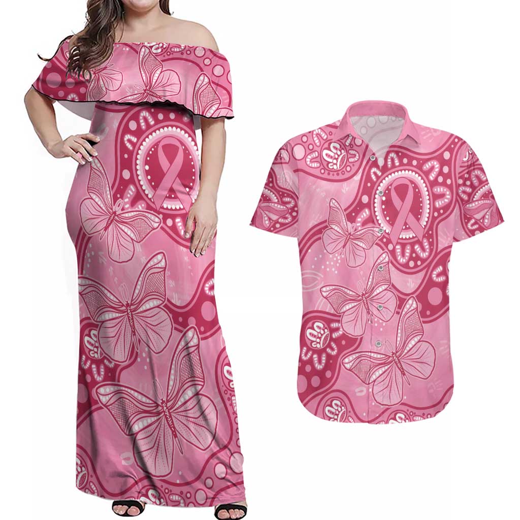 Australia Indigenous Couples Matching Off Shoulder Maxi Dress and Hawaiian Shirt Breast Cancer Pink Aboriginal Butterfly