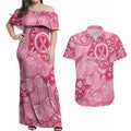 Australia Indigenous Couples Matching Off Shoulder Maxi Dress and Hawaiian Shirt Breast Cancer Pink Aboriginal Butterfly