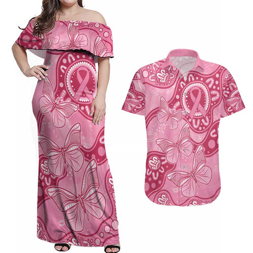 Australia Indigenous Couples Matching Off Shoulder Maxi Dress and Hawaiian Shirt Breast Cancer Pink Aboriginal Butterfly