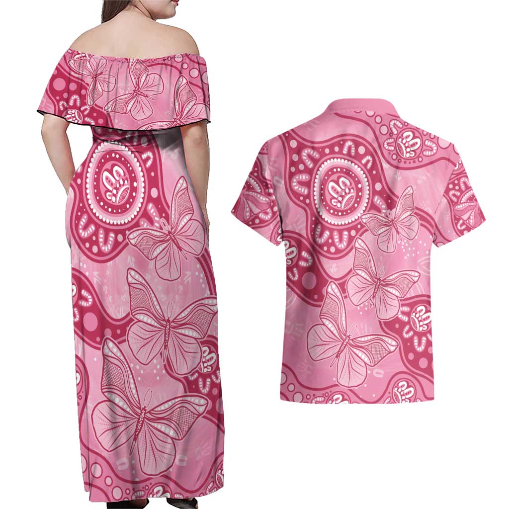 Australia Indigenous Couples Matching Off Shoulder Maxi Dress and Hawaiian Shirt Breast Cancer Pink Aboriginal Butterfly