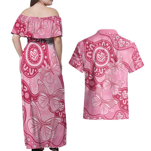 Australia Indigenous Couples Matching Off Shoulder Maxi Dress and Hawaiian Shirt Breast Cancer Pink Aboriginal Butterfly