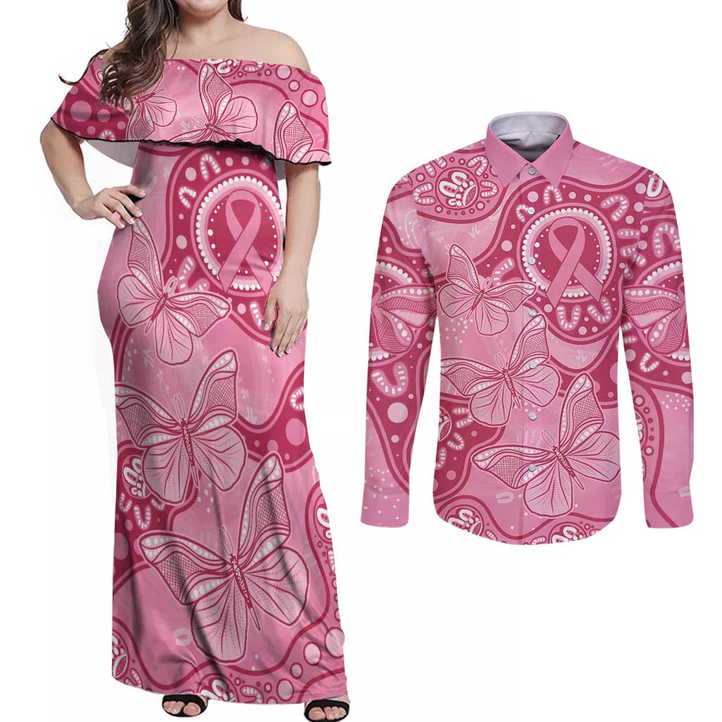 Australia Indigenous Couples Matching Off Shoulder Maxi Dress and Long Sleeve Button Shirt Breast Cancer Pink Aboriginal Butterfly