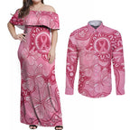 Australia Indigenous Couples Matching Off Shoulder Maxi Dress and Long Sleeve Button Shirt Breast Cancer Pink Aboriginal Butterfly
