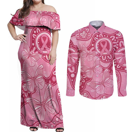 Australia Indigenous Couples Matching Off Shoulder Maxi Dress and Long Sleeve Button Shirt Breast Cancer Pink Aboriginal Butterfly
