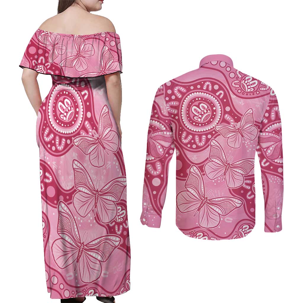 Australia Indigenous Couples Matching Off Shoulder Maxi Dress and Long Sleeve Button Shirt Breast Cancer Pink Aboriginal Butterfly