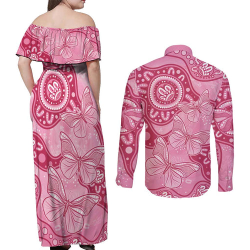 Australia Indigenous Couples Matching Off Shoulder Maxi Dress and Long Sleeve Button Shirt Breast Cancer Pink Aboriginal Butterfly