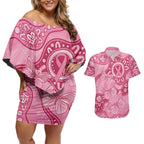 Australia Indigenous Couples Matching Off Shoulder Short Dress and Hawaiian Shirt Breast Cancer Pink Aboriginal Butterfly