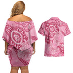 Australia Indigenous Couples Matching Off Shoulder Short Dress and Hawaiian Shirt Breast Cancer Pink Aboriginal Butterfly