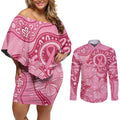Australia Indigenous Couples Matching Off Shoulder Short Dress and Long Sleeve Button Shirt Breast Cancer Pink Aboriginal Butterfly