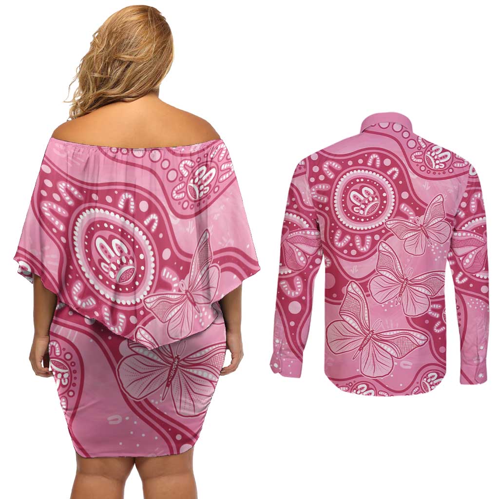 Australia Indigenous Couples Matching Off Shoulder Short Dress and Long Sleeve Button Shirt Breast Cancer Pink Aboriginal Butterfly