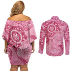 Australia Indigenous Couples Matching Off Shoulder Short Dress and Long Sleeve Button Shirt Breast Cancer Pink Aboriginal Butterfly