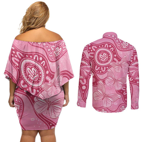 Australia Indigenous Couples Matching Off Shoulder Short Dress and Long Sleeve Button Shirt Breast Cancer Pink Aboriginal Butterfly