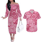 Australia Indigenous Couples Matching Off The Shoulder Long Sleeve Dress and Hawaiian Shirt Breast Cancer Pink Aboriginal Butterfly