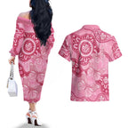 Australia Indigenous Couples Matching Off The Shoulder Long Sleeve Dress and Hawaiian Shirt Breast Cancer Pink Aboriginal Butterfly