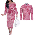 Australia Indigenous Couples Matching Off The Shoulder Long Sleeve Dress and Long Sleeve Button Shirt Breast Cancer Pink Aboriginal Butterfly