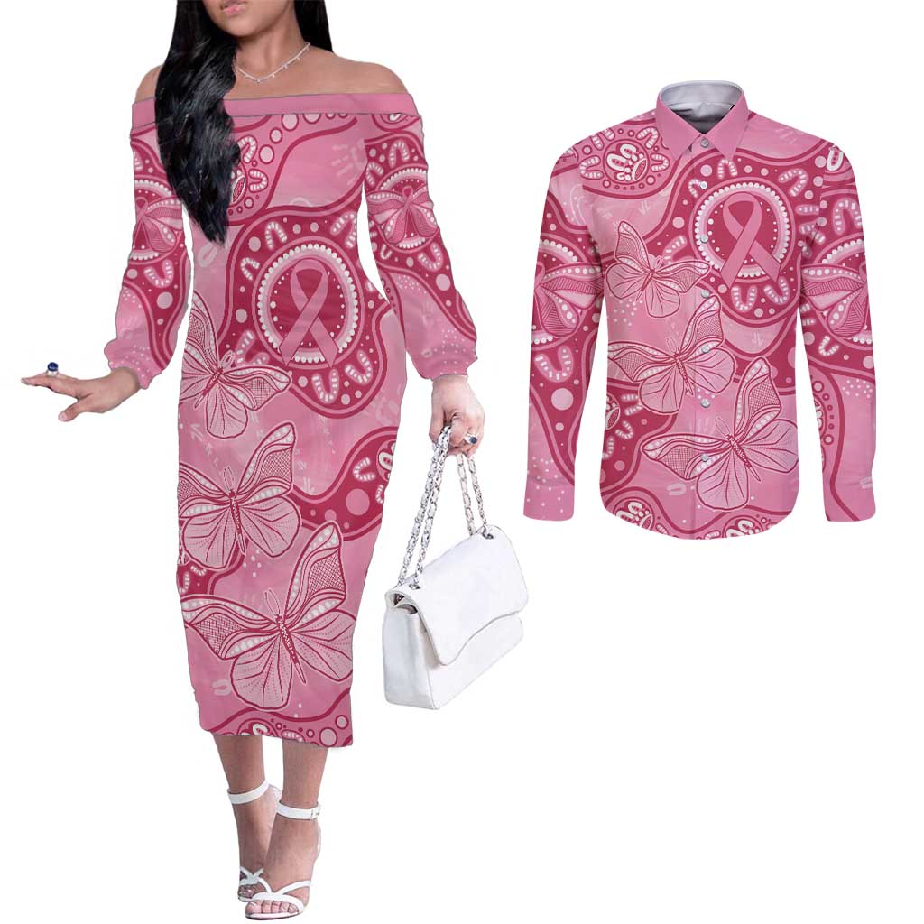 Australia Indigenous Couples Matching Off The Shoulder Long Sleeve Dress and Long Sleeve Button Shirt Breast Cancer Pink Aboriginal Butterfly