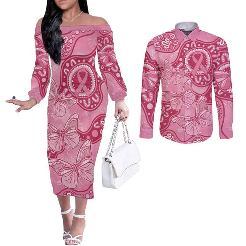 Australia Indigenous Couples Matching Off The Shoulder Long Sleeve Dress and Long Sleeve Button Shirt Breast Cancer Pink Aboriginal Butterfly