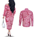Australia Indigenous Couples Matching Off The Shoulder Long Sleeve Dress and Long Sleeve Button Shirt Breast Cancer Pink Aboriginal Butterfly
