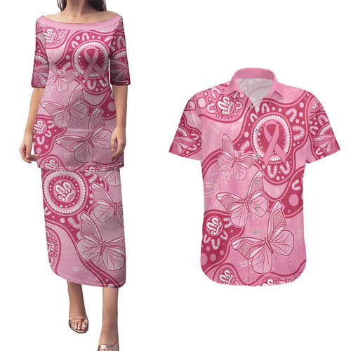 Australia Indigenous Couples Matching Puletasi and Hawaiian Shirt Breast Cancer Pink Aboriginal Butterfly
