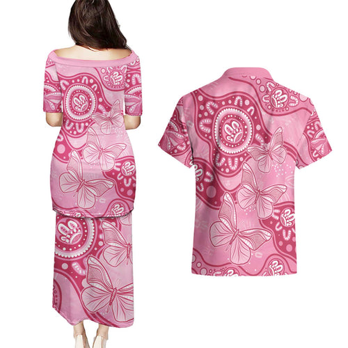 Australia Indigenous Couples Matching Puletasi and Hawaiian Shirt Breast Cancer Pink Aboriginal Butterfly