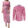 Australia Indigenous Couples Matching Puletasi and Long Sleeve Button Shirt Breast Cancer Pink Aboriginal Butterfly