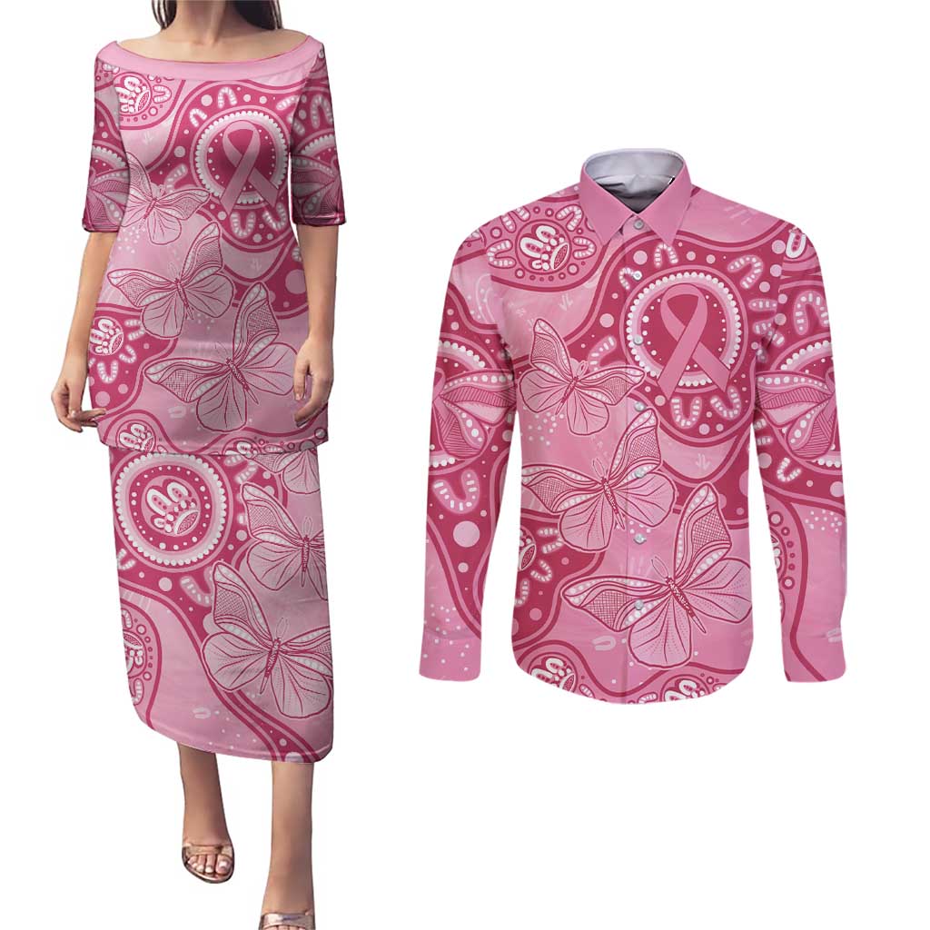 Australia Indigenous Couples Matching Puletasi and Long Sleeve Button Shirt Breast Cancer Pink Aboriginal Butterfly