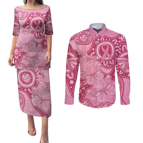 Australia Indigenous Couples Matching Puletasi and Long Sleeve Button Shirt Breast Cancer Pink Aboriginal Butterfly