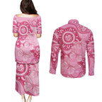 Australia Indigenous Couples Matching Puletasi and Long Sleeve Button Shirt Breast Cancer Pink Aboriginal Butterfly