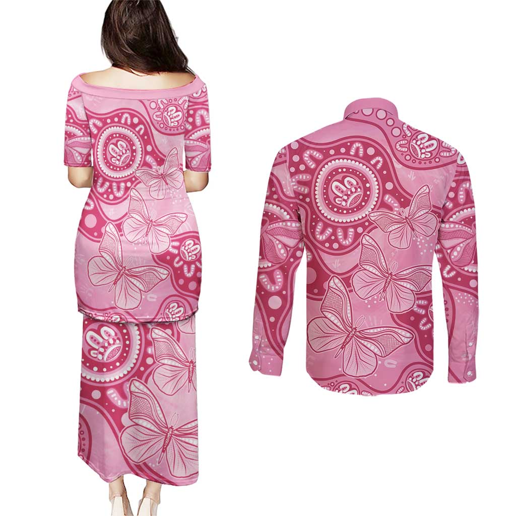 Australia Indigenous Couples Matching Puletasi and Long Sleeve Button Shirt Breast Cancer Pink Aboriginal Butterfly