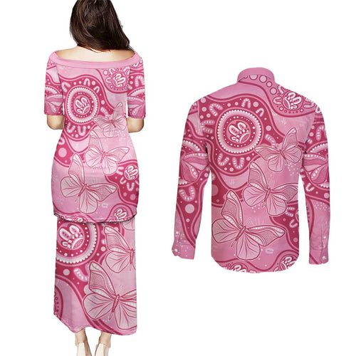 Australia Indigenous Couples Matching Puletasi and Long Sleeve Button Shirt Breast Cancer Pink Aboriginal Butterfly