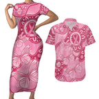 Australia Indigenous Couples Matching Short Sleeve Bodycon Dress and Hawaiian Shirt Breast Cancer Pink Aboriginal Butterfly