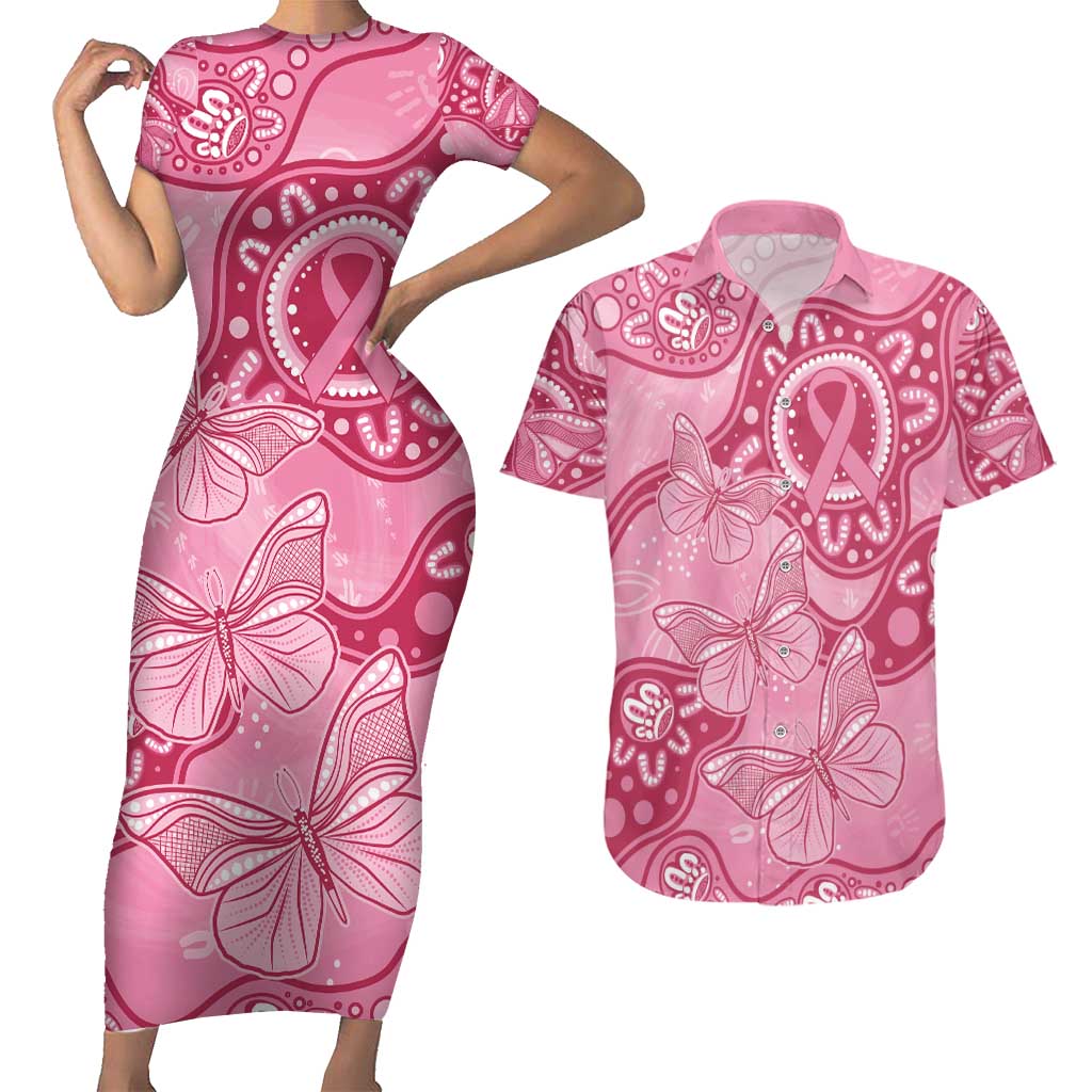 Australia Indigenous Couples Matching Short Sleeve Bodycon Dress and Hawaiian Shirt Breast Cancer Pink Aboriginal Butterfly
