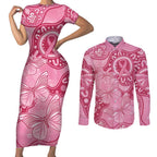 Australia Indigenous Couples Matching Short Sleeve Bodycon Dress and Long Sleeve Button Shirt Breast Cancer Pink Aboriginal Butterfly
