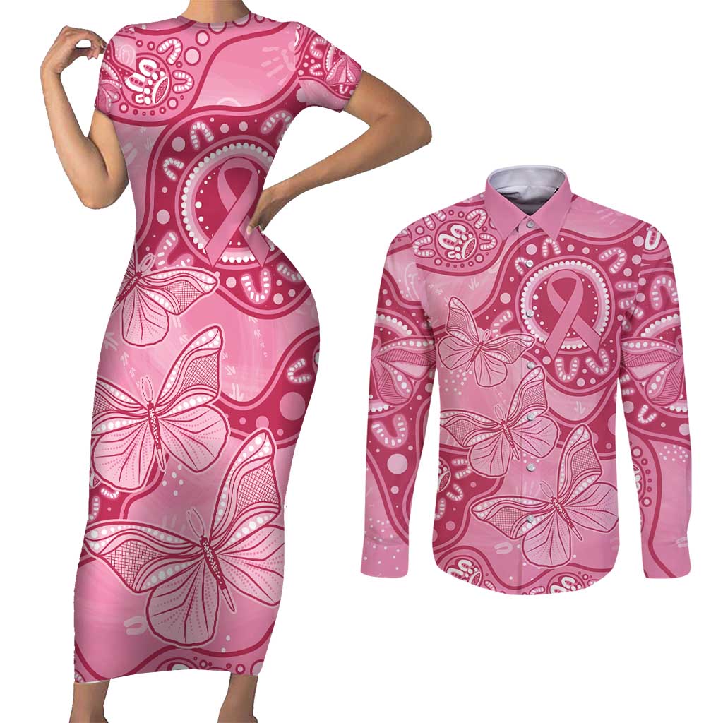 Australia Indigenous Couples Matching Short Sleeve Bodycon Dress and Long Sleeve Button Shirt Breast Cancer Pink Aboriginal Butterfly