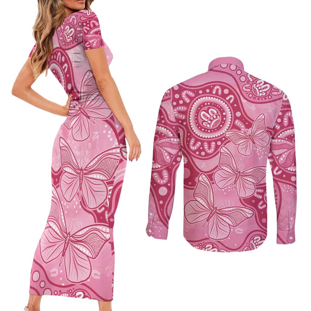 Australia Indigenous Couples Matching Short Sleeve Bodycon Dress and Long Sleeve Button Shirt Breast Cancer Pink Aboriginal Butterfly