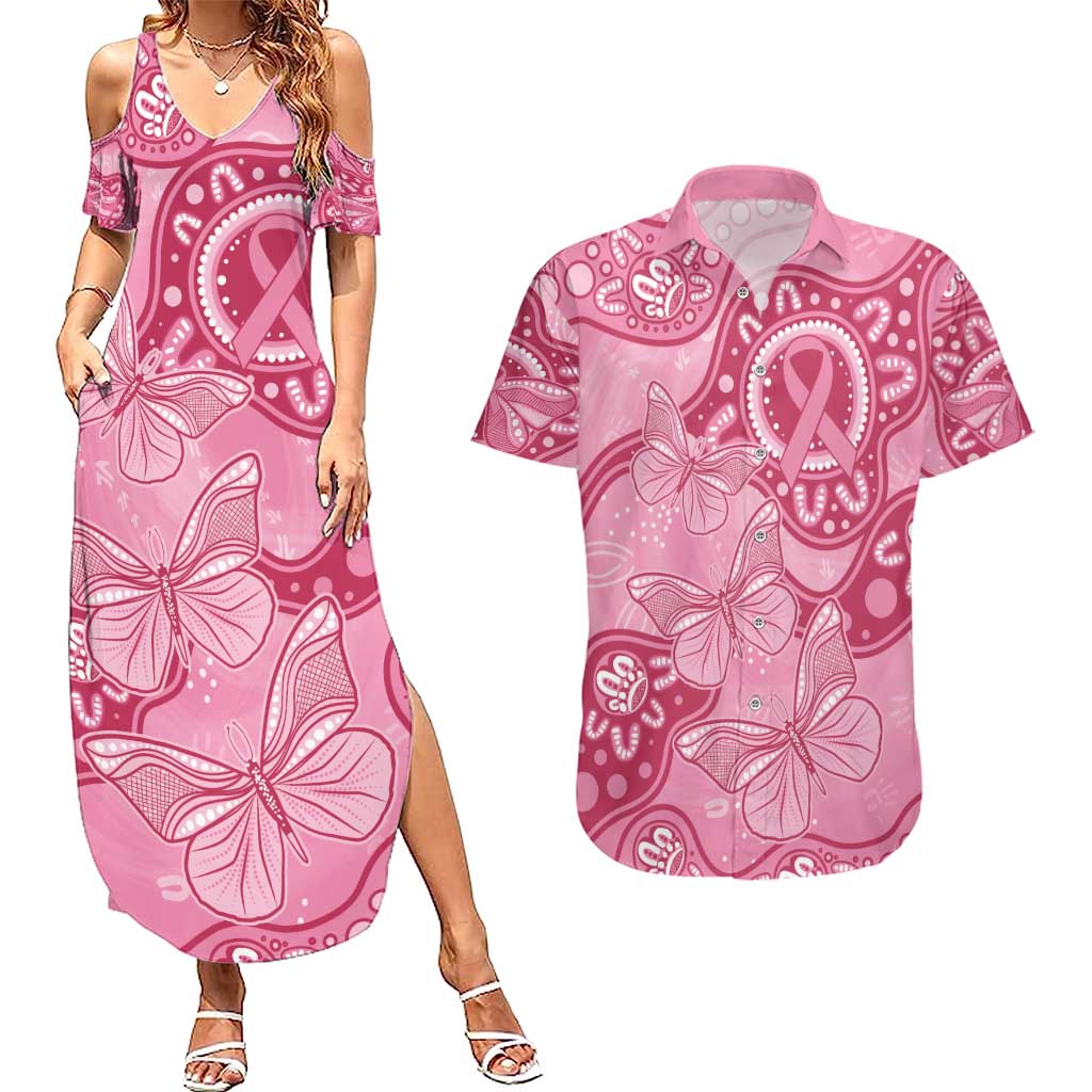 Australia Indigenous Couples Matching Summer Maxi Dress and Hawaiian Shirt Breast Cancer Pink Aboriginal Butterfly