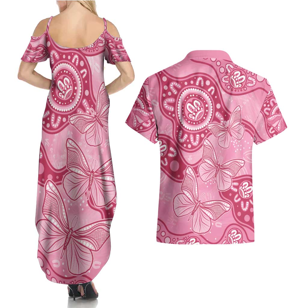 Australia Indigenous Couples Matching Summer Maxi Dress and Hawaiian Shirt Breast Cancer Pink Aboriginal Butterfly