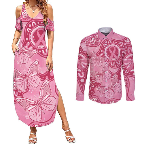 Australia Indigenous Couples Matching Summer Maxi Dress and Long Sleeve Button Shirt Breast Cancer Pink Aboriginal Butterfly