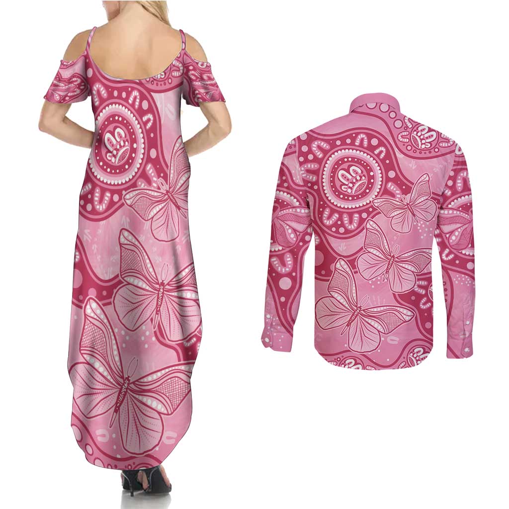 Australia Indigenous Couples Matching Summer Maxi Dress and Long Sleeve Button Shirt Breast Cancer Pink Aboriginal Butterfly