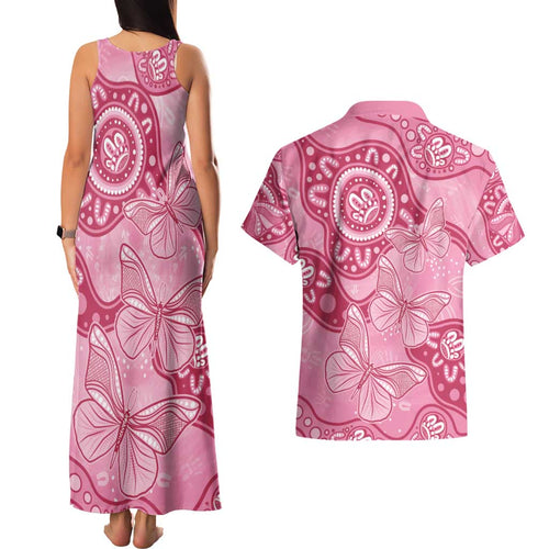 Australia Indigenous Couples Matching Tank Maxi Dress and Hawaiian Shirt Breast Cancer Pink Aboriginal Butterfly