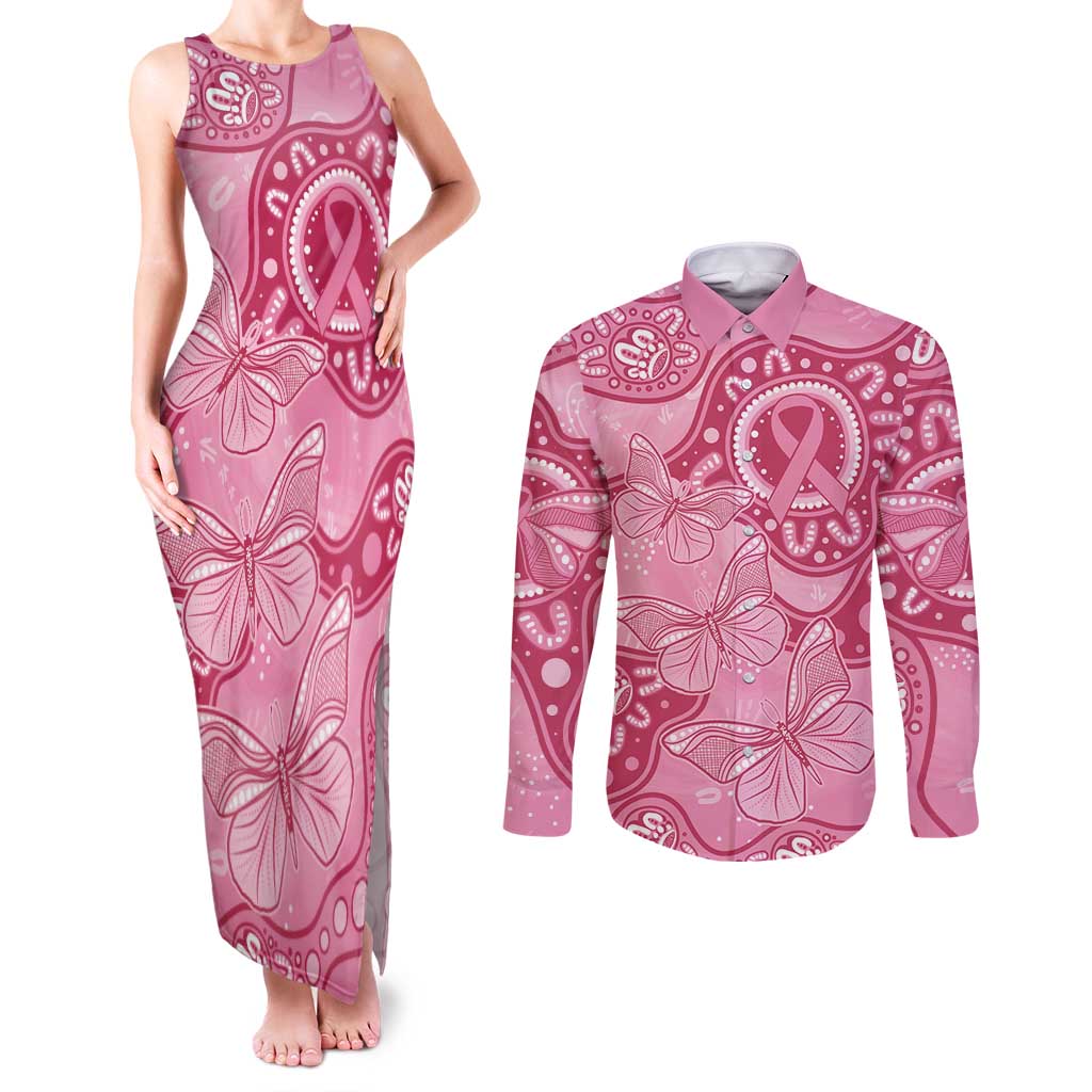Australia Indigenous Couples Matching Tank Maxi Dress and Long Sleeve Button Shirt Breast Cancer Pink Aboriginal Butterfly