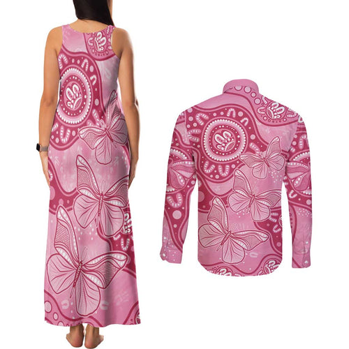 Australia Indigenous Couples Matching Tank Maxi Dress and Long Sleeve Button Shirt Breast Cancer Pink Aboriginal Butterfly