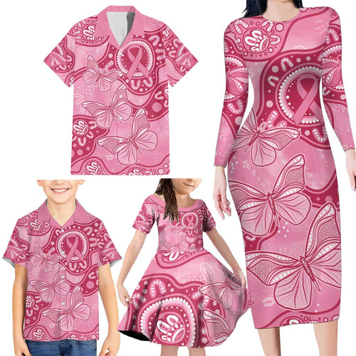 Australia Indigenous Family Matching Long Sleeve Bodycon Dress and Hawaiian Shirt Breast Cancer Pink Aboriginal Butterfly
