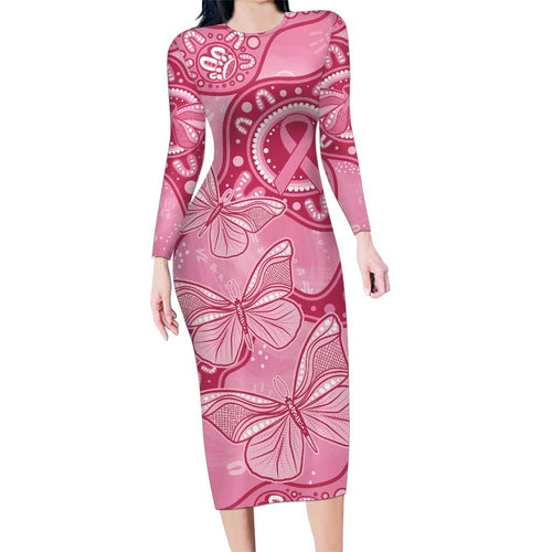 Australia Indigenous Family Matching Long Sleeve Bodycon Dress and Hawaiian Shirt Breast Cancer Pink Aboriginal Butterfly