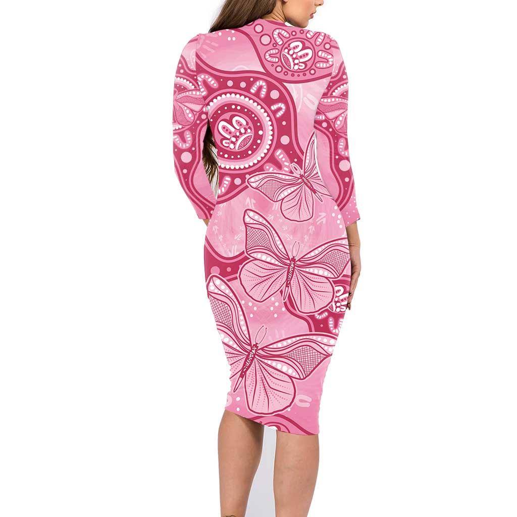 Australia Indigenous Family Matching Long Sleeve Bodycon Dress and Hawaiian Shirt Breast Cancer Pink Aboriginal Butterfly