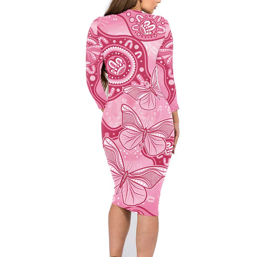 Australia Indigenous Family Matching Long Sleeve Bodycon Dress and Hawaiian Shirt Breast Cancer Pink Aboriginal Butterfly
