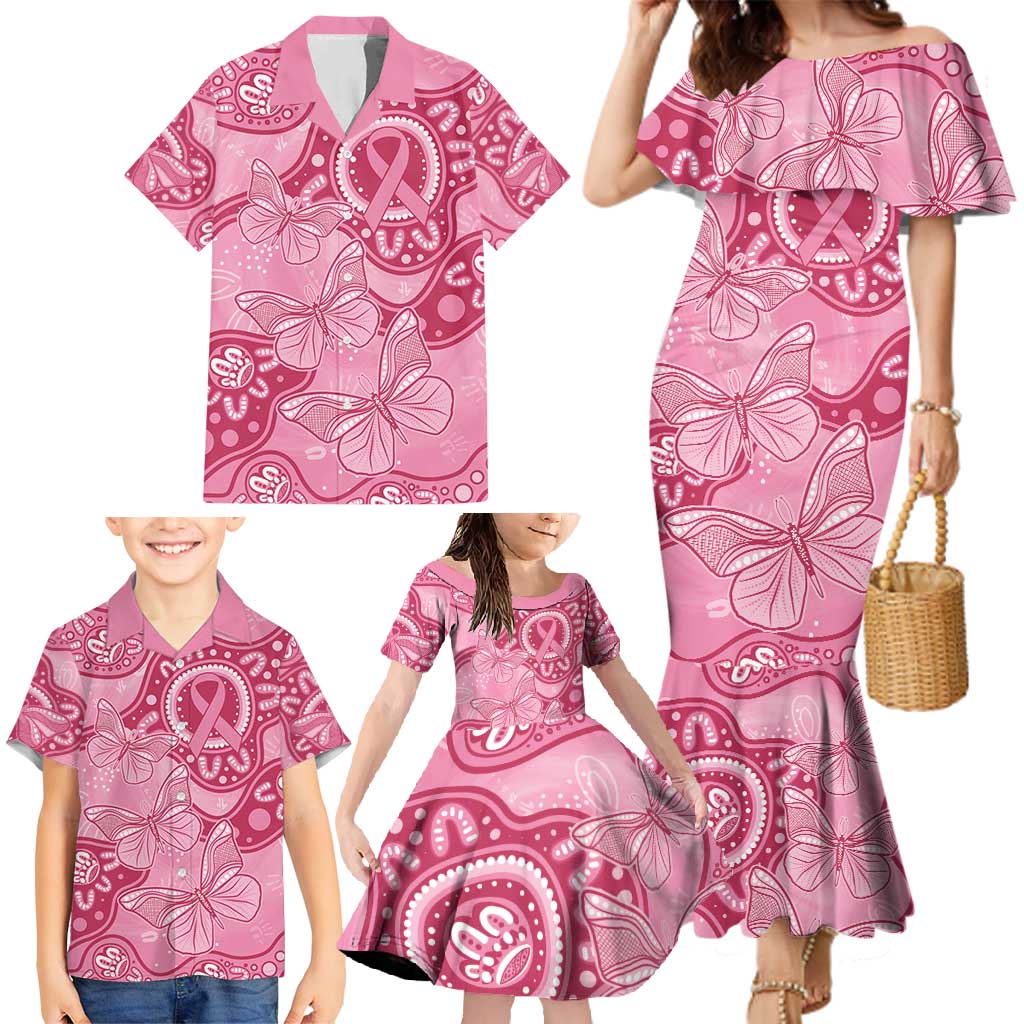 Australia Indigenous Family Matching Mermaid Dress and Hawaiian Shirt Breast Cancer Pink Aboriginal Butterfly